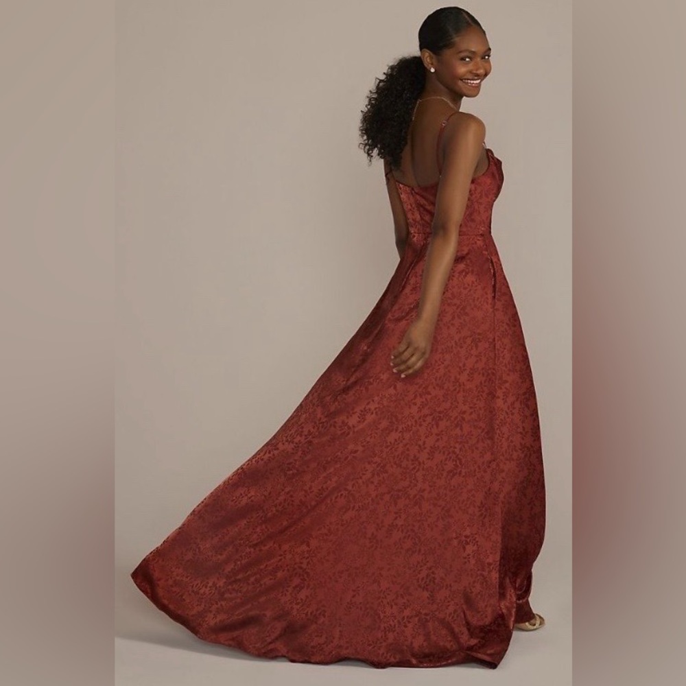 David’s Bridal | Jacquard Cowl Neck Bridesmaids Dress in color cinnamon